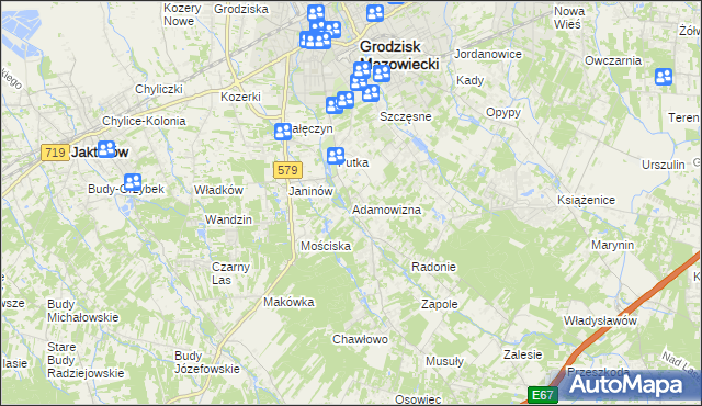 mapa Adamowizna gmina Grodzisk Mazowiecki, Adamowizna gmina Grodzisk Mazowiecki na mapie Targeo