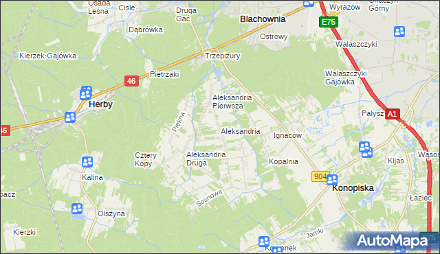 mapa Aleksandria gmina Konopiska, Aleksandria gmina Konopiska na mapie Targeo