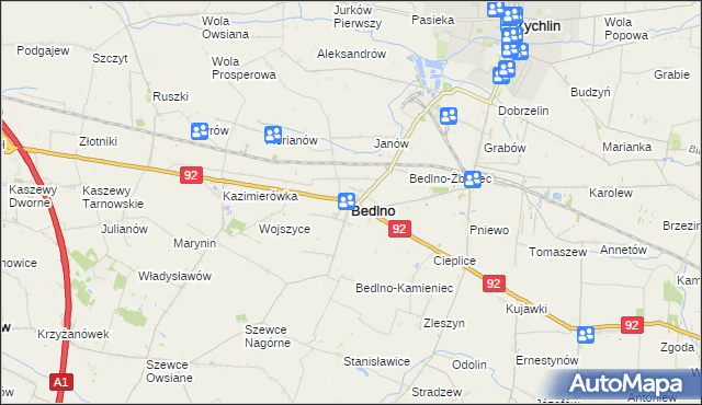 mapa Bedlno powiat kutnowski, Bedlno powiat kutnowski na mapie Targeo
