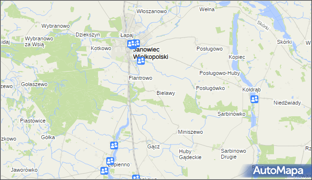 mapa Bielawy gmina Janowiec Wielkopolski, Bielawy gmina Janowiec Wielkopolski na mapie Targeo