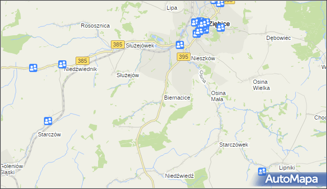mapa Biernacice gmina Ziębice, Biernacice gmina Ziębice na mapie Targeo