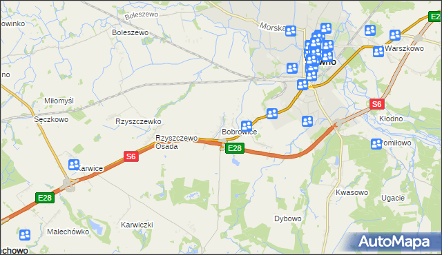 mapa Bobrowice gmina Sławno, Bobrowice gmina Sławno na mapie Targeo