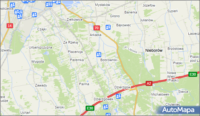 mapa Bobrowniki gmina Nieborów, Bobrowniki gmina Nieborów na mapie Targeo