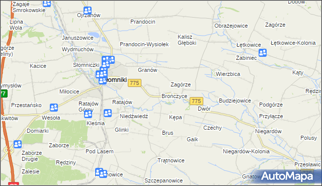 mapa Brończyce gmina Słomniki, Brończyce gmina Słomniki na mapie Targeo