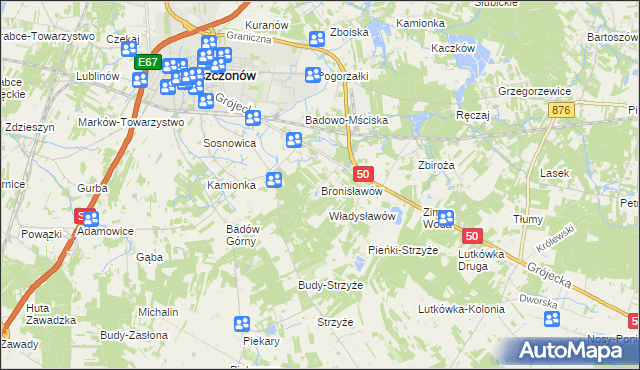 mapa Bronisławów gmina Mszczonów, Bronisławów gmina Mszczonów na mapie Targeo