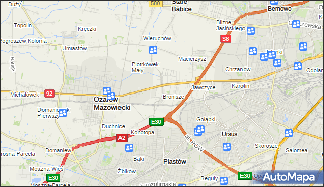 mapa Bronisze gmina Ożarów Mazowiecki, Bronisze gmina Ożarów Mazowiecki na mapie Targeo