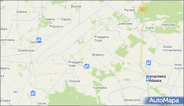 mapa Brzeziny gmina Komarówka Podlaska, Brzeziny gmina Komarówka Podlaska na mapie Targeo