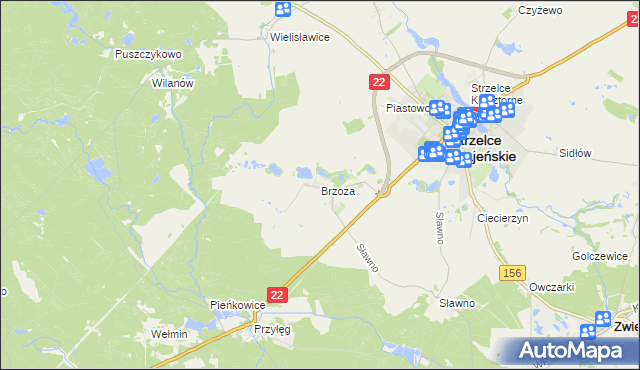 mapa Brzoza gmina Strzelce Krajeńskie, Brzoza gmina Strzelce Krajeńskie na mapie Targeo