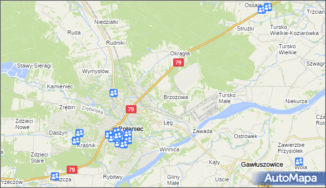 mapa Brzozowa gmina Połaniec, Brzozowa gmina Połaniec na mapie Targeo