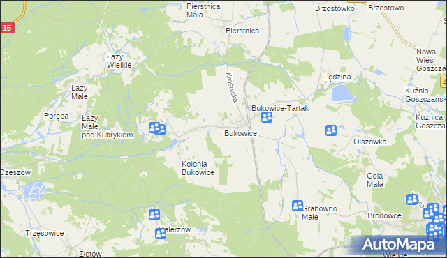 mapa Bukowice gmina Krośnice, Bukowice gmina Krośnice na mapie Targeo