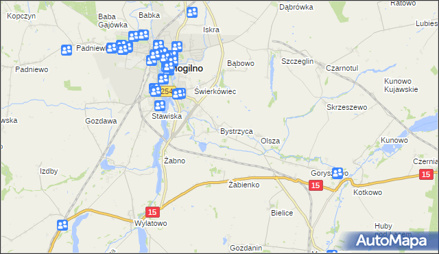 mapa Bystrzyca gmina Mogilno, Bystrzyca gmina Mogilno na mapie Targeo