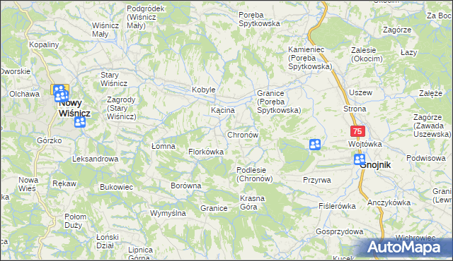 mapa Chronów gmina Nowy Wiśnicz, Chronów gmina Nowy Wiśnicz na mapie Targeo
