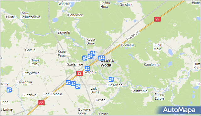 mapa Czarna Woda powiat starogardzki, Czarna Woda powiat starogardzki na mapie Targeo