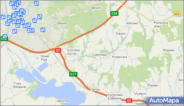 mapa Czechowo gmina Elbląg, Czechowo gmina Elbląg na mapie Targeo