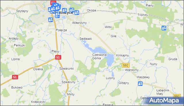 mapa Czerwona Górka gmina Bartoszyce, Czerwona Górka gmina Bartoszyce na mapie Targeo