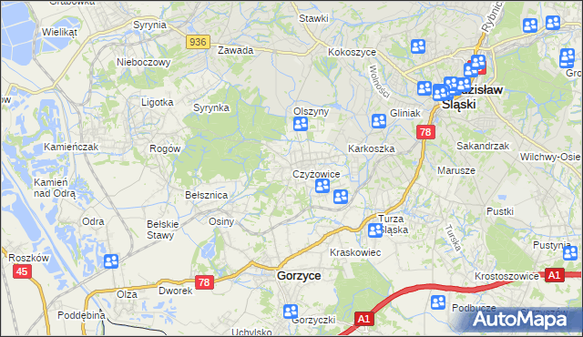 mapa Czyżowice gmina Gorzyce, Czyżowice gmina Gorzyce na mapie Targeo