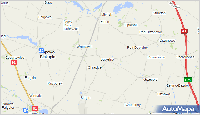 mapa Dubielno gmina Papowo Biskupie, Dubielno gmina Papowo Biskupie na mapie Targeo