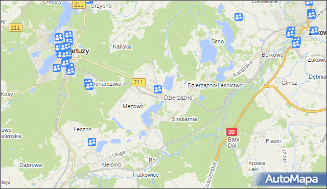 mapa Dzierżążno gmina Kartuzy, Dzierżążno gmina Kartuzy na mapie Targeo