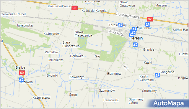 mapa Gaj gmina Teresin, Gaj gmina Teresin na mapie Targeo