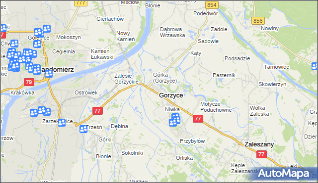 mapa Gorzyce powiat tarnobrzeski, Gorzyce powiat tarnobrzeski na mapie Targeo