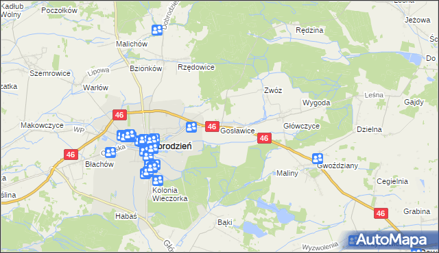 mapa Gosławice gmina Dobrodzień, Gosławice gmina Dobrodzień na mapie Targeo