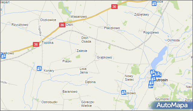 mapa Grąbkowo gmina Jutrosin, Grąbkowo gmina Jutrosin na mapie Targeo