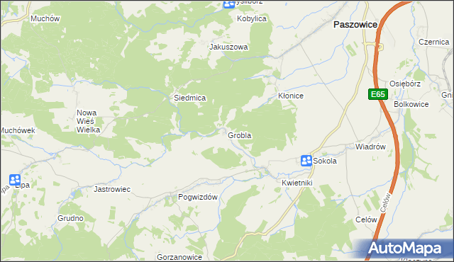 mapa Grobla gmina Paszowice, Grobla gmina Paszowice na mapie Targeo