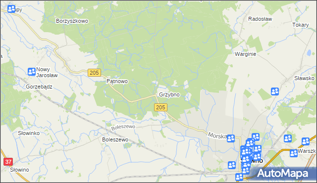 mapa Grzybno gmina Sławno, Grzybno gmina Sławno na mapie Targeo