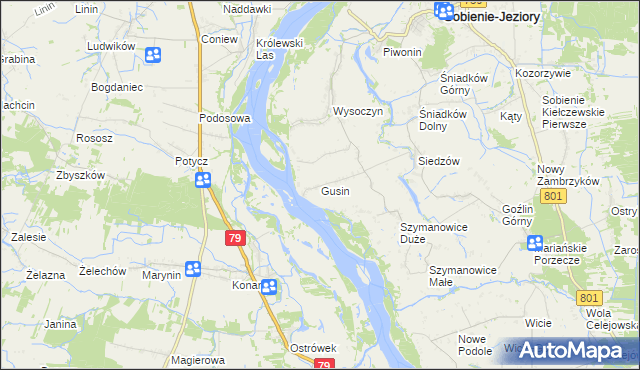 mapa Gusin gmina Sobienie-Jeziory, Gusin gmina Sobienie-Jeziory na mapie Targeo