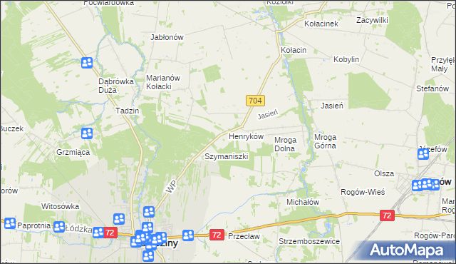 mapa Henryków gmina Brzeziny, Henryków gmina Brzeziny na mapie Targeo
