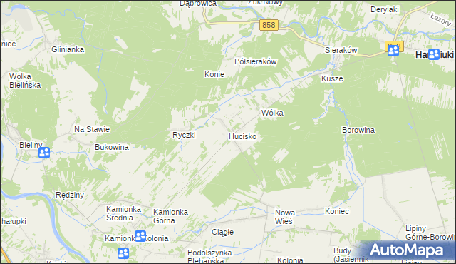 mapa Hucisko gmina Harasiuki, Hucisko gmina Harasiuki na mapie Targeo