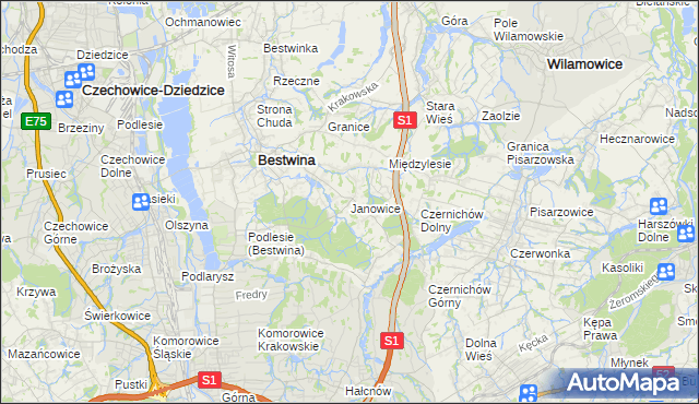 mapa Janowice gmina Bestwina, Janowice gmina Bestwina na mapie Targeo