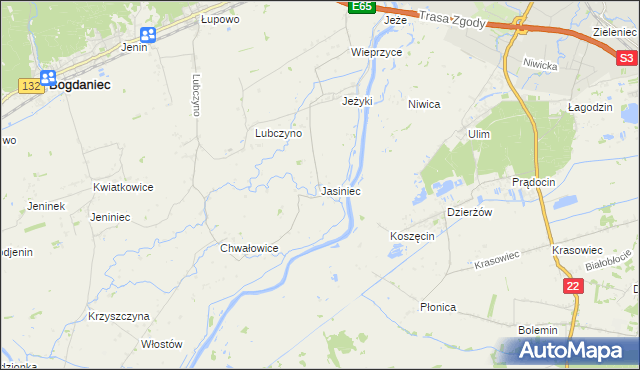 mapa Jasiniec gmina Bogdaniec, Jasiniec gmina Bogdaniec na mapie Targeo