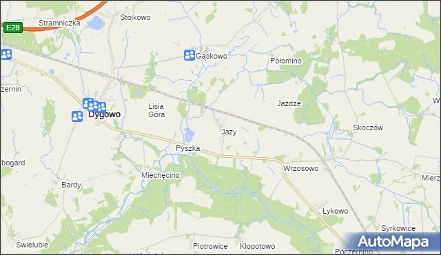 mapa Jazy gmina Dygowo, Jazy gmina Dygowo na mapie Targeo