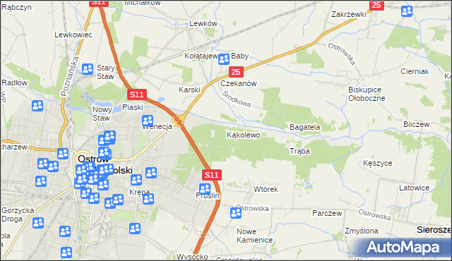 mapa Kąkolewo gmina Ostrów Wielkopolski, Kąkolewo gmina Ostrów Wielkopolski na mapie Targeo