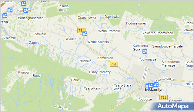 mapa Kamieniec gmina Bodzentyn, Kamieniec gmina Bodzentyn na mapie Targeo