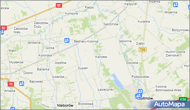 mapa Karolew gmina Nieborów, Karolew gmina Nieborów na mapie Targeo