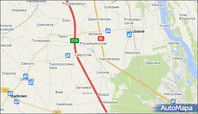 mapa Kaźmierzewo gmina Lubanie, Kaźmierzewo gmina Lubanie na mapie Targeo