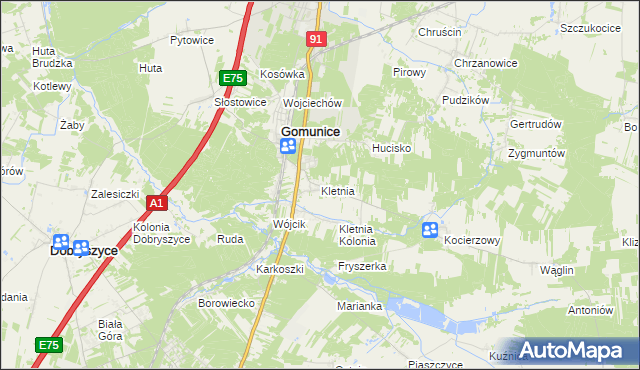 mapa Kletnia gmina Gomunice, Kletnia gmina Gomunice na mapie Targeo