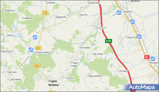 mapa Kłodawa gmina Trąbki Wielkie, Kłodawa gmina Trąbki Wielkie na mapie Targeo