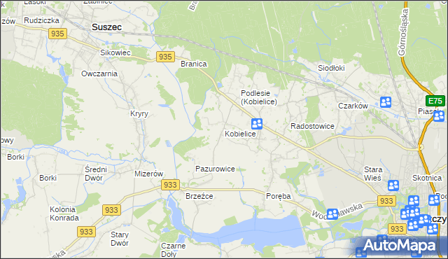 mapa Kobielice gmina Suszec, Kobielice gmina Suszec na mapie Targeo