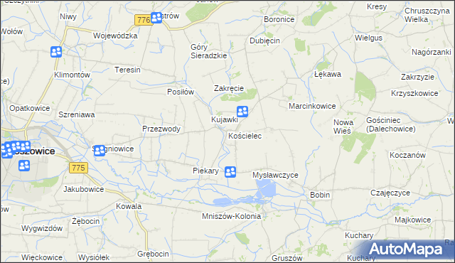 mapa Kościelec gmina Proszowice, Kościelec gmina Proszowice na mapie Targeo