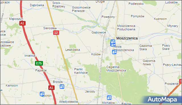 mapa Kosów gmina Moszczenica, Kosów gmina Moszczenica na mapie Targeo