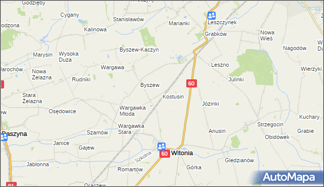 mapa Kostusin gmina Witonia, Kostusin gmina Witonia na mapie Targeo