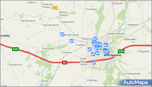 mapa Kozłów gmina Kąty Wrocławskie, Kozłów gmina Kąty Wrocławskie na mapie Targeo
