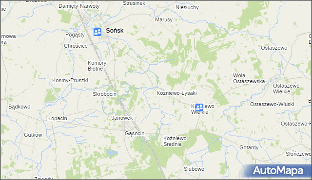 mapa Koźniewo-Łysaki, Koźniewo-Łysaki na mapie Targeo