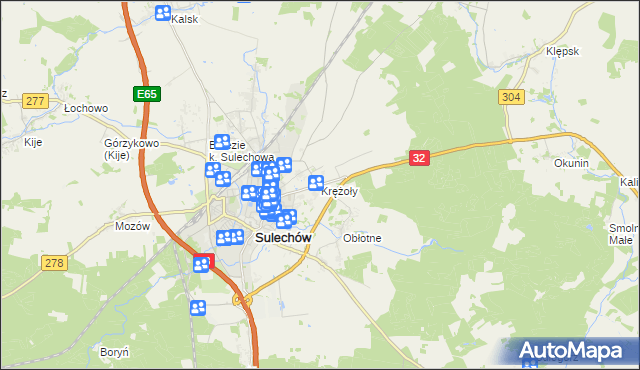 mapa Krężoły gmina Sulechów, Krężoły gmina Sulechów na mapie Targeo