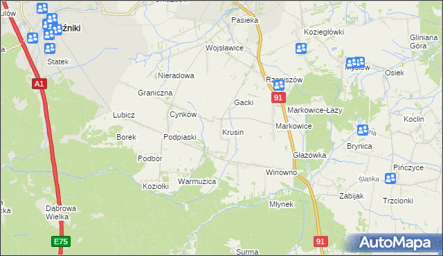 mapa Krusin gmina Koziegłowy, Krusin gmina Koziegłowy na mapie Targeo