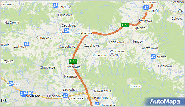 mapa Krzeczów gmina Lubień, Krzeczów gmina Lubień na mapie Targeo