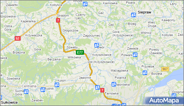 mapa Krzyszkowice gmina Myślenice, Krzyszkowice gmina Myślenice na mapie Targeo